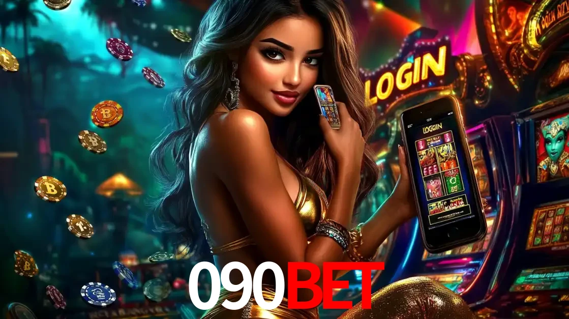 Mulher em um cenário de cassino temático de aventura, mostrando o app de caça-níqueis da 090BET no celular. Fichas de apostas flutuam ao redor.